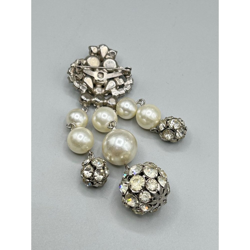 Vintage Rhinestone & Pearls Pin Brooch Clear Glass Stones Long Dangles Statement - Picture 5 of 6